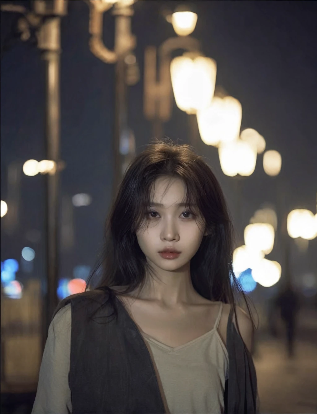 solo,realistic,lips,black hair,collarbone,closed mouth,Beside the outdoor street,the dim light of the street lamps at night shines on one side of the face,1girl,absurdres,(Looking at the camera:1.2),