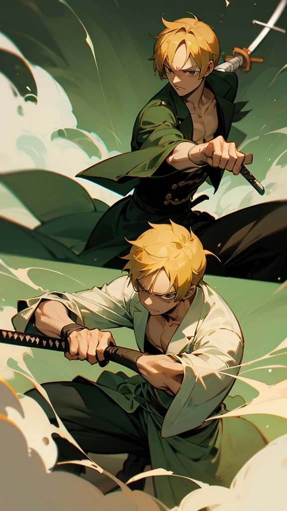 Sanji and Zoro, characters from the anime One piece, looking at each other in a tone of argument, sanji is pulling the lapel of Zoro's kimono, Zoro is wielding the handle of his sword against sanji's throat