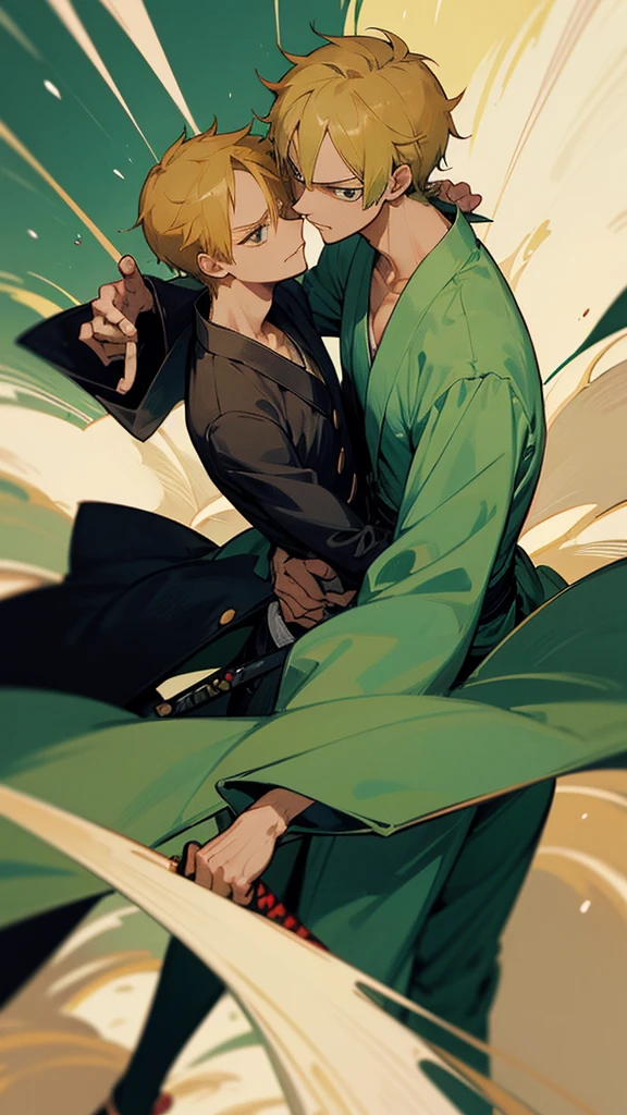 Sanji and Zoro, characters from the anime One piece, looking at each other in a tone of argument, sanji is pulling the lapel of Zoro's kimono, Zoro is wielding the handle of his sword against sanji's throat