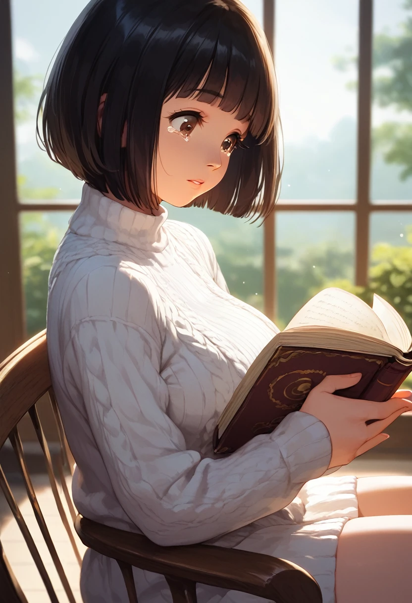 score_9,score_8_up,score_7_up,masterpiece,best quality, source anime, realistic, super detailed, extreme detailed, rating_safe,
1girl, solo, sitting on chair, reading book, upper body, from side,
BREAK girl, 22yo, short hair, bob cut, (blunt bangs), black hair, (tareme, detailed cute brown eyes), curled eyelashes, (large breasts:0.9), 
shiny hair, beautiful detailed eyes, beautiful face,
white knitted sweater, 
(sad:0.8), tears, parted lips,
cafe, warm light,  