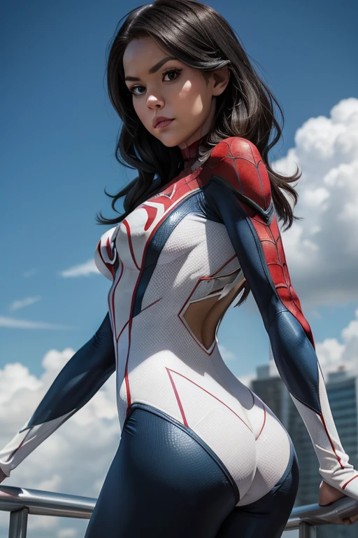A closeup of a woman in a spider suit - man posing for a photo, Blue sky and white clouds, tumblr, grandson art, spider gwen, araña-gwen, araña - gwen, Fitted garment, tight suit, Gwen Stacy, usando tight suit, Spider woman!!, Spider woman!!!!!, ( showing the buttocks ),( (Spider woman) ), in spandex suit