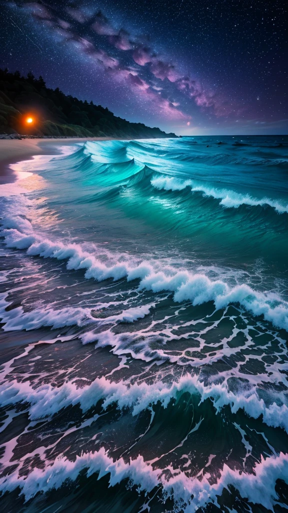 Bioluminescent stars shining in the sky, Pink Moon, Tukoi Sky, Turkish ocean waves, Shiny, Purple Water, Milky Way, Complementary lighting,High waves,Glittering shells,mysterious,