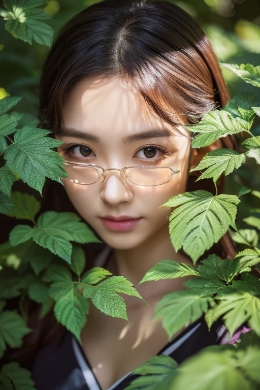 (masterpiece, Highest quality, Super detailed, masterpiece, super high quality、32k, octane rendering, Crystal Clear、RAW UHD Format)、High resolutionの光る目、Highest quality, Realistic skin texture, photograph shoot, Detailed facial features, Film Grain and High Contrast, 非常にHigh resolutionの詳細, photograph, Realistic, Surreal, High resolution, masterpiece、 (85mm lens, f/1.4),(a Japanese woman, 18 years old), well rounded, wearing glasses, Adult female, Painting Beauty、妖精のようなPainting Beauty、Highest quality, High resolution, masterpiece, Attention to detail, 32k, A tree that shines like a jewel, Reflecting light in the deep forest.々And there's a woman in the flower.、Has striking green eyes、Creating works of art。.