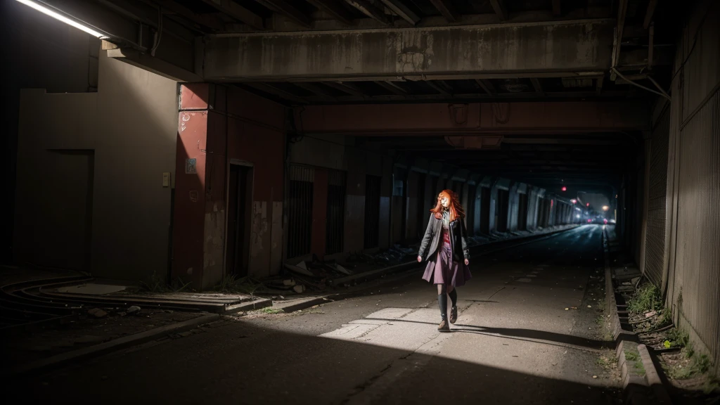 アニメ, girl with vibrant red hair walking under an overpass, dark city, This girl has red hair that is illuminated by the light of a single streetlight, a dark environment of a city in ruins