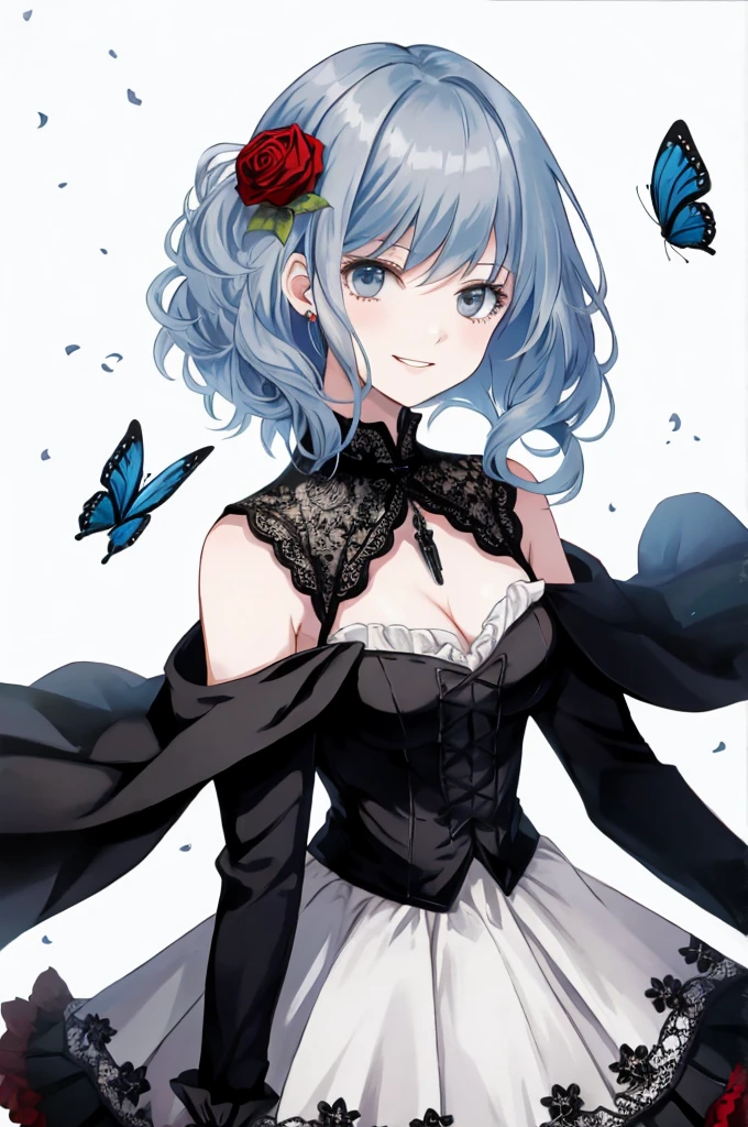 ((best quality)), ((masterpiece)), (detailed), 1girl, Character design, female, dynamic poses, long blue hair, grey white eyes, very skinny, detailed, best quality, no accesoires around the neck, prominent collarbones, skinny arms, upper body, blank white background, plain background, white background, ((red and white clothing)), Bloodborne inspired, occult aesthetic, occult, detailed and intricate steampunk and detailed gothic, Very dramatic and cinematic lighting, cosmic horror, grim-dark, side-lighting, perfect face, Fluttering lace flared long knee length dress with frilly petticoats, knee length dress, pleated petticoats, petticoats gothic, complex lace boots, side-lighting, gothic aesthetic, wielding a mighty sword with mechanical components, mandalas, small breasts, a fairy, various different types of insect wings,upper body, upper body, white holy clothes,white holy clothes,((evil smile)),blue hair,