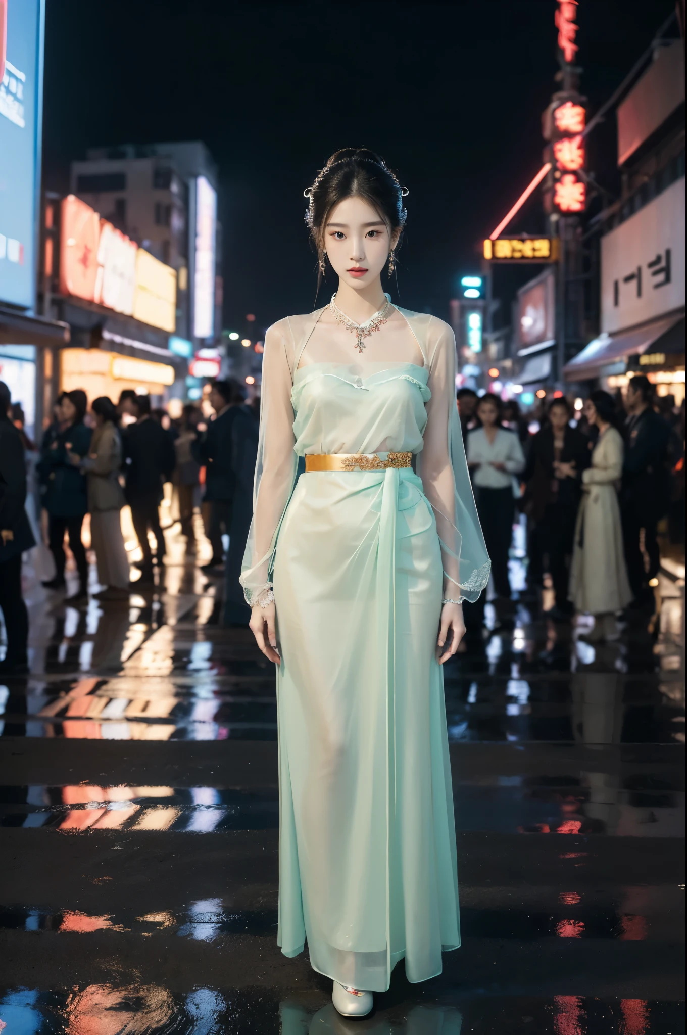(((best quality))),(((ultra detailed))),(((masterpiece))),illustration,((1 beautiful girl,solo,korean princess)),((see through gorgeous sheer hanbok)),((slim,thin,small breasts,flat chest)),bun hair,((city streets,night scene)),delicate features,(traditional jewelry,earrings,necklace),modernity,tranquility,vision of beauty,((standing,full body,from front,slender legs,loafers)),((The background is a tall building filled with neon billboards)),(surrounded by crowded crowds:1.3),(arms behind back:1.3)