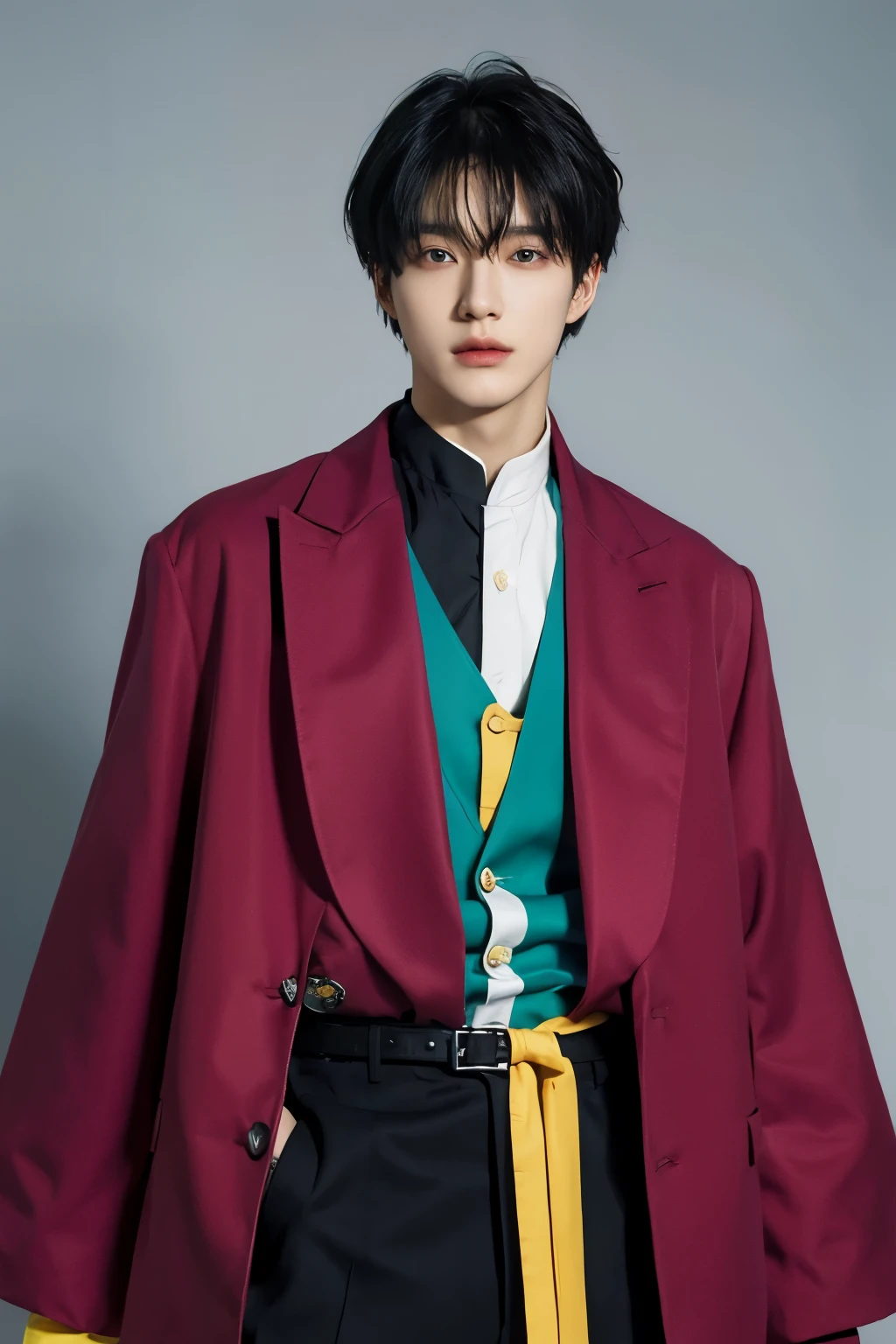 Full colorful background and backdrop,protrait focus,for ads,professional pose for magazine photo,Handsome korean male,Center-parted hairstyle,a cassock,worship,short male hair,bangs hair,centre the down hair, Delicate androgynous prince, Beautiful androgynous prince, korean artist, with same hairstyle,dressea new fashion colorful short suit blazer t-shirt,