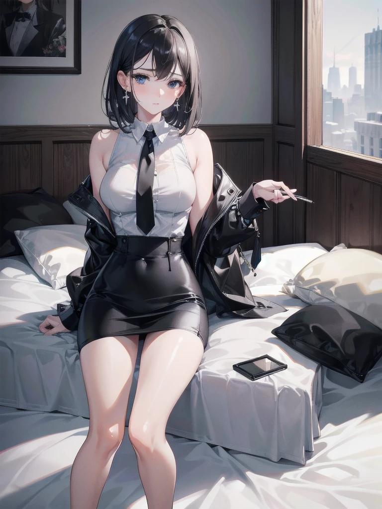 absurdres, RAW photo, extremely delicate and beautiful, masterpiece, Best Quality, ultra high resolution, 32k, hyperrealistic, ultra-detailed, in her 20s, delicate facial features, tearful mole, earring, medium breasts, full body shot, shorter middle hair, black hair, short pencil skirt, black shirt, collared button shirt, sleeveless,