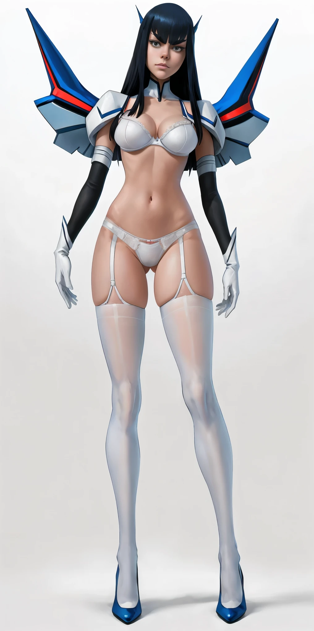 female Satsuki Kiryuin, Satsuki Kiryuin from Kill-la-Kill, WHITE stockings WHITE GLOVES WHITE PANTIES WHITE BRA, full height, bottom view, best quality, very detailed, ultra 8k resolution,portrait, full body (plain background)