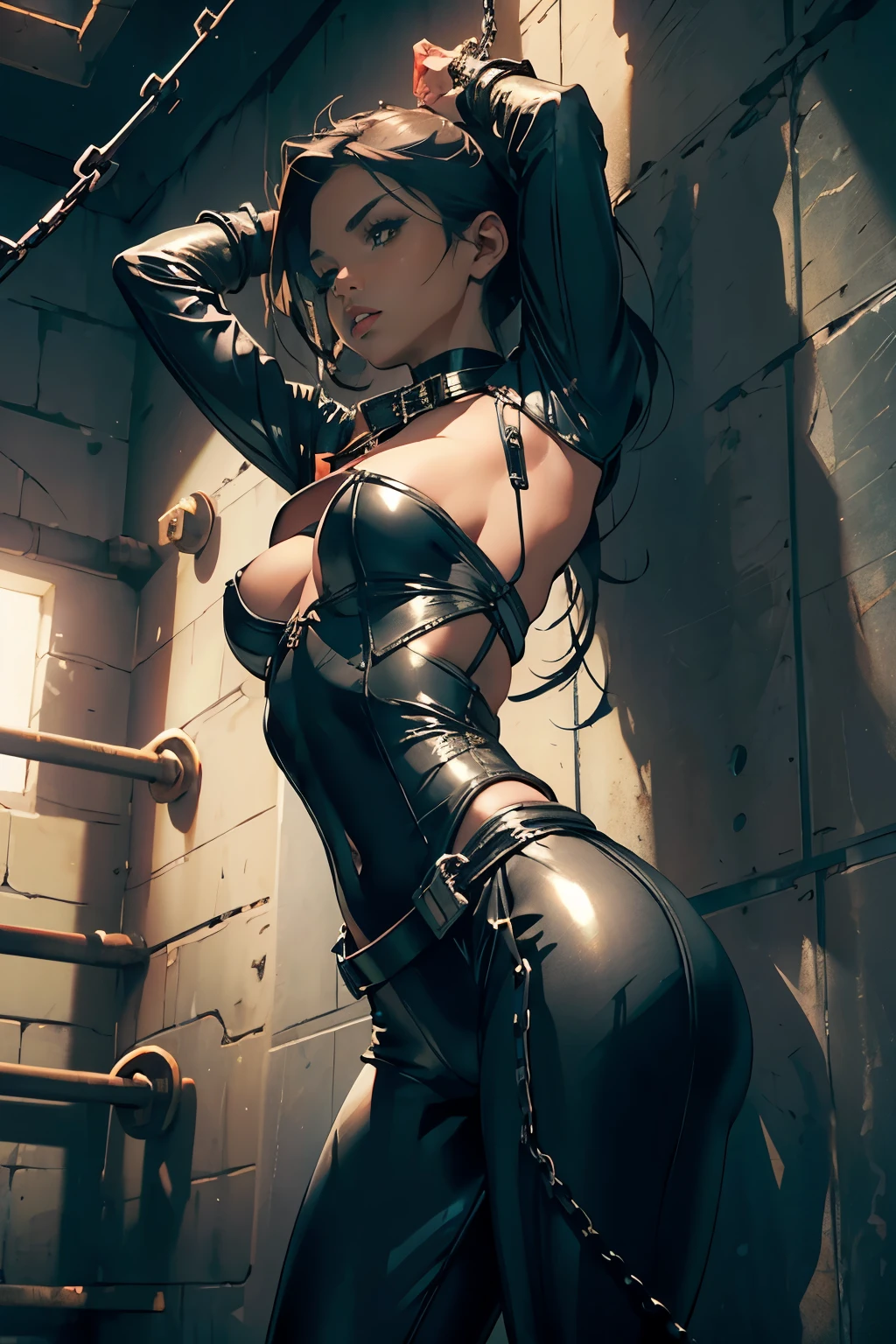 A beautiful slave girl, hands behind her back, Collar, skimpy leather clothing,tight leather pants,boots, Chains, Shame, fear, breasts focus, cinematic lighting, perfectly shaded,(((prison))), realistic lighting with shades,