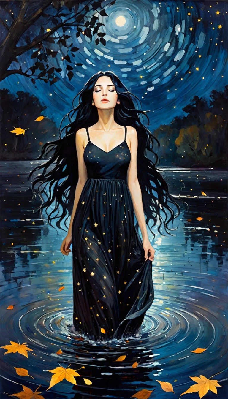 -girl, long black dress with straps, long black hair, eyes closed on the river, murky water, falling leaves, dark tone,magic, fantastic, night sky, stars, background, (art inspired by Bill Sienkiewicz). oil painting)
