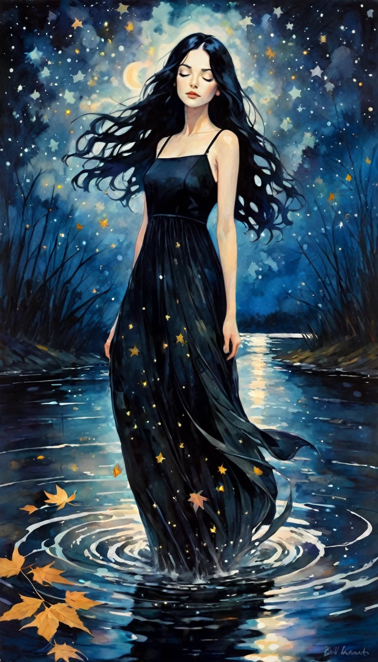 -girl, long black dress with straps, long black hair, eyes closed on the river, murky water, falling leaves, dark tone,magic, fantastic, night sky, stars, background, (art inspired by Bill Sienkiewicz). oil painting)