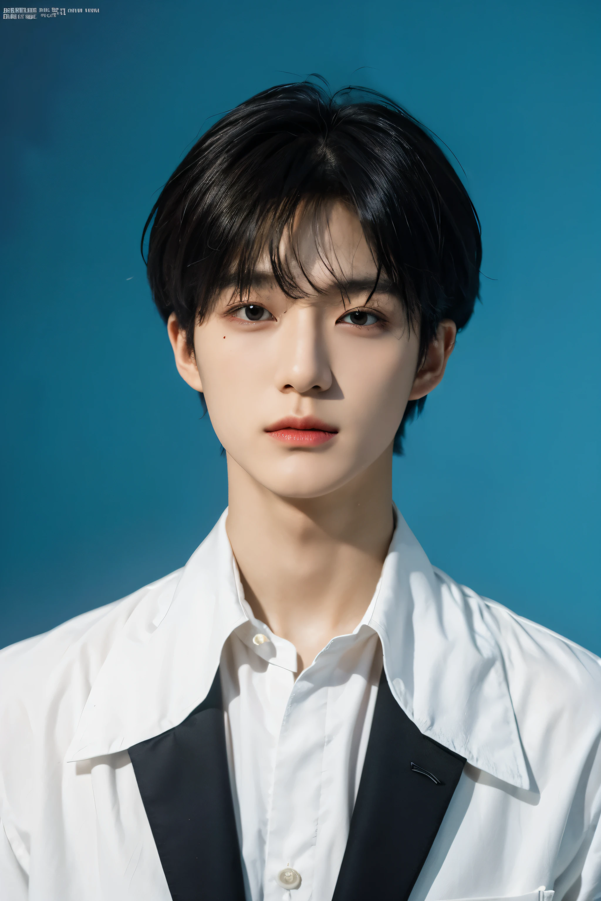 Full colorful background and backdrop,protrait focus,for ads,professional pose for magazine photo,Handsome korean male,Center-parted hairstyle,a cassock,worship,short male hair,bangs hair,centre the down hair, Delicate androgynous prince, Beautiful androgynous prince, korean artist, with same hairstyle,dressea new fashion colorful short suit blazer t-shirt,