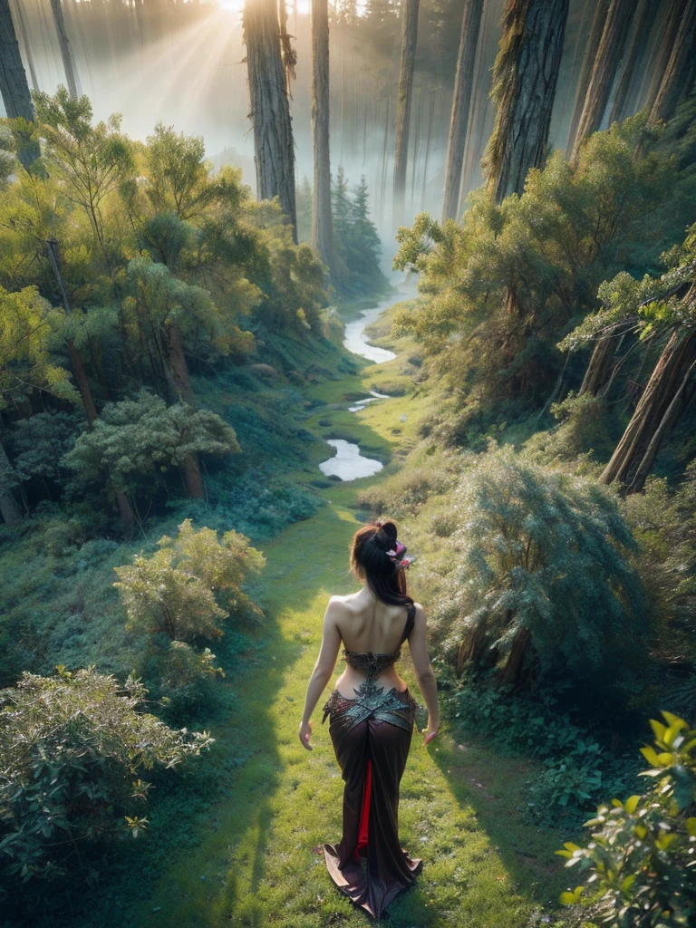 An intriguing bird-eye view of a female elf warrior, her back to the camera, revealing the intricate detailing of her costume against the magical forest setting. The photograph carries the soft twilight luminescence. (bird-eye view: 1.5), (back pose: 1.4), (mysterious forest: 1.5), (twilight luminescence: 1.3), (erotic adventure: 1.4), (fantasy world: 1.5).