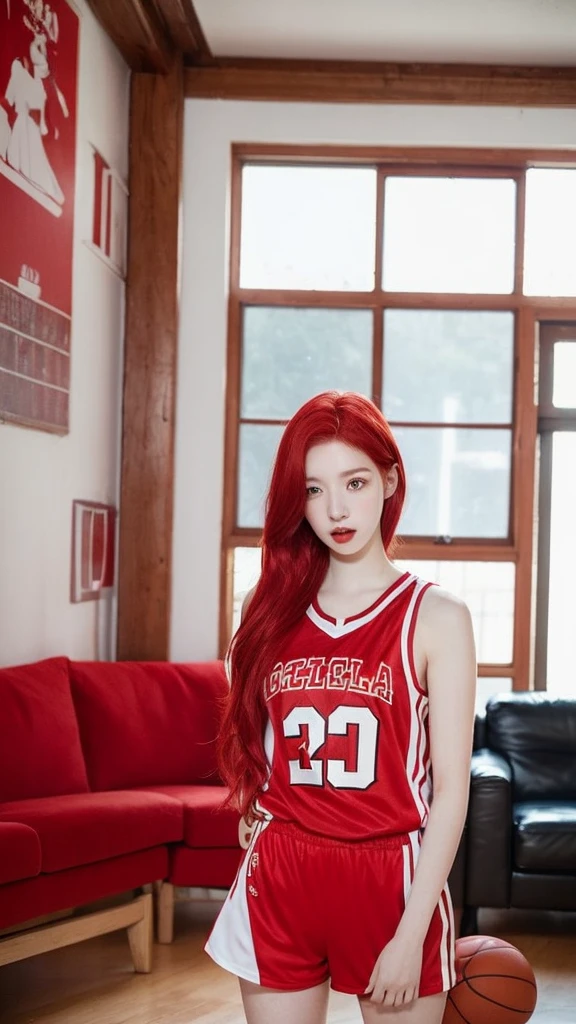 A young Korean woman with red dyed hair, pale skin, thin body. She is wearing a red basketball jersey. She is looking at the viewer, and her easy expression is sensual. Full body. The setting is a living room.