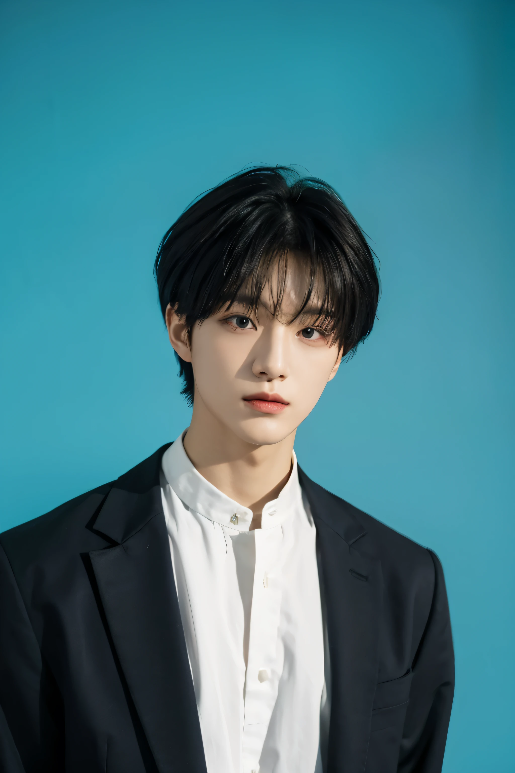 Full colorful background and backdrop,protrait focus,for ads,professional pose for magazine photo,Handsome korean male,Center-parted hairstyle,a cassock,worship,short male hair,bangs hair,centre the down hair, Delicate androgynous prince, Beautiful androgynous prince, korean artist, with same hairstyle,dressea new fashion colorful short suit blazer t-shirt,