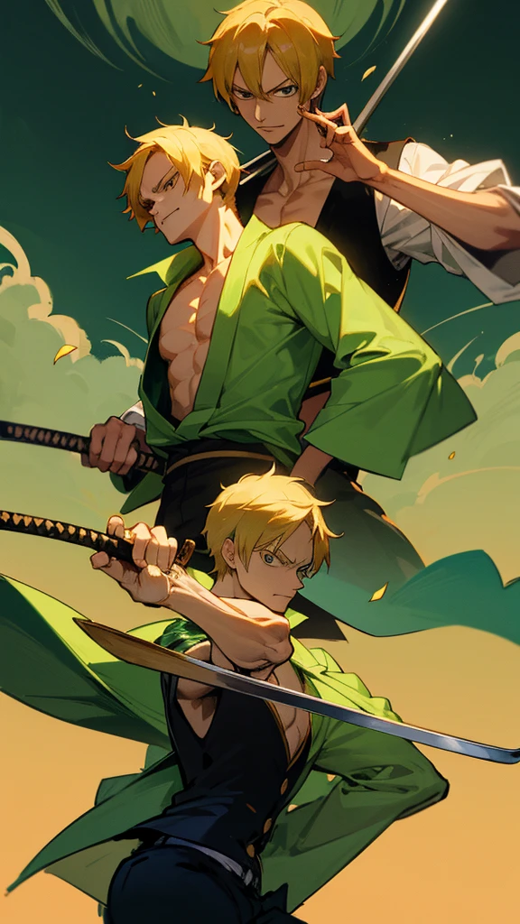 Sanji and Zoro, characters from the anime One piece, looking at each other in a tone of argument, sanji is pulling the lapel of Zoro's kimono, Zoro is wielding the handle of his sword against sanji's throat, traits faithful to the anime