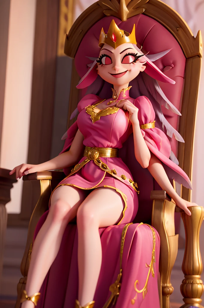 "Illustrate Stella seated on a grand throne, exuding power and authority. The background should be opulent and fitting for royalty, with details that emphasize her commanding presence." pink bird beak, smiling, big breasts. 