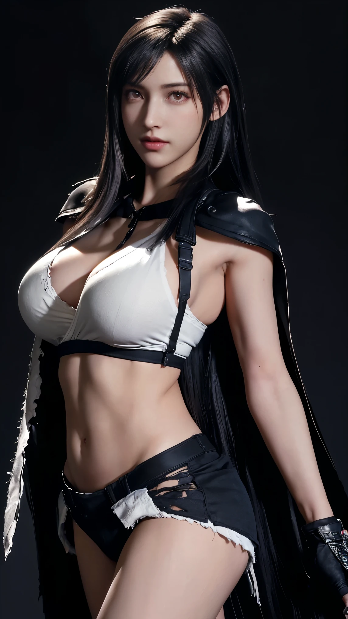 8K, Top Quality, Intricate Details, Ultra Detail, Ultra High Resolution, Masterpiece, close up shot, (full body: 1.1), Slender, Smile, (Makeup: 0.4), ,(( red eyes, black hair, bangs, long hair)), (Fluffy Eyes: 1.21), (()), 1girl, solo, 1 girl, ((Tifa,Tifa・lockhart,Final Fantasy 7,FF7,l)), close up shot, , ((tall)), (((fit body))), (((slim face))), sharp face, (( ,,((broken armour, breasts plate, )),, cleavege, crotch)) ,(detailed face), sharp face, small lips, , ,(( )) ,, ,
((,no bra, braless )), , (( )), detailed face, detailed breast, large breast ,huge breast, detail nipples ,, Narrow Waist, Skinny, tall , 190 cm tall, Muscular, Navel, Exposed Abdomen, Pointed Chest,, Beautiful girl with accentuated slender abs: 1.4, Six Pack Abs: 1.4, , Perfect Body, detail legs, (( dark background)), black background,