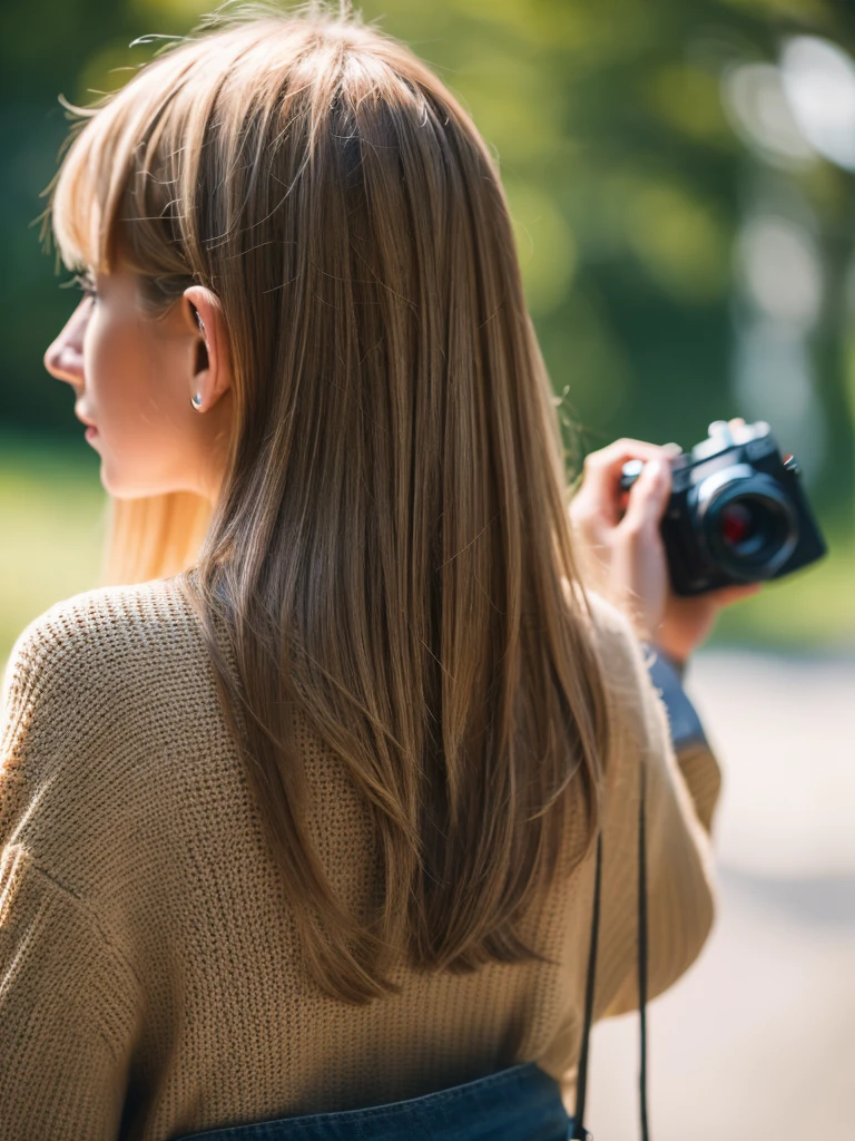 A guy with blonde hair with camera Take a picture of woman have a brown hair from behind, 8k,High quality