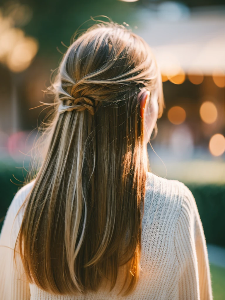 A guy with blonde hair with camera Take a picture of woman have a brown hair from behind, 8k,High quality
