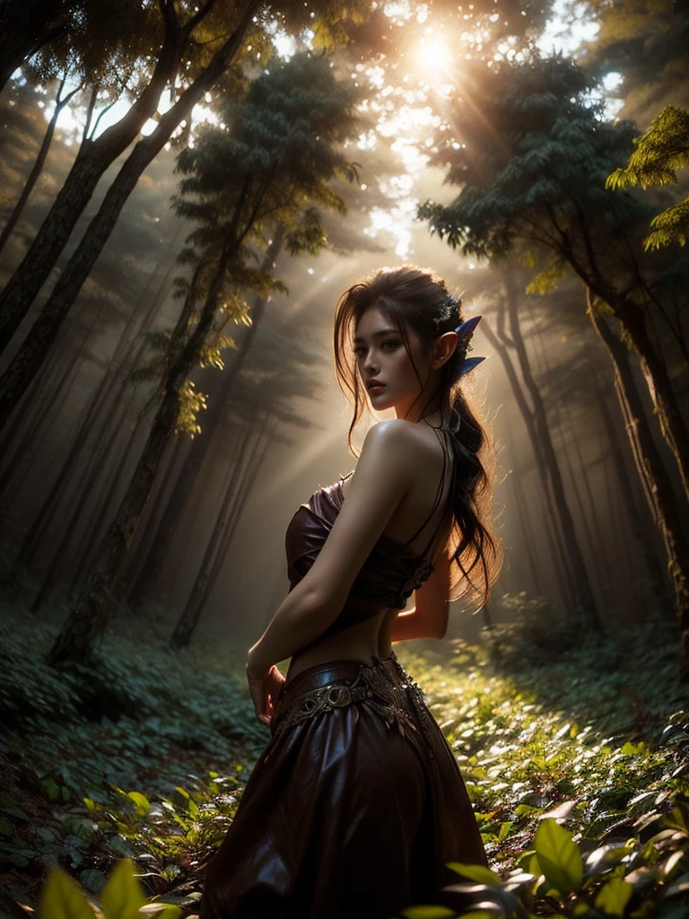 A fascinating behind-shot of a woman sporting a teasing elf warrior outfit, boldly gazing into the distance from a magical forest. Her leather and lace clothing showcases her athletic form, enveloped in a spectral dusk light. (solo), (elf warrior costume: 1.5), (athletic physique: 1.4), (mystical forest: 1.5), (twilight glow: 1.3), (erotic adventure: 1.4), (fantasy world: 1.5).