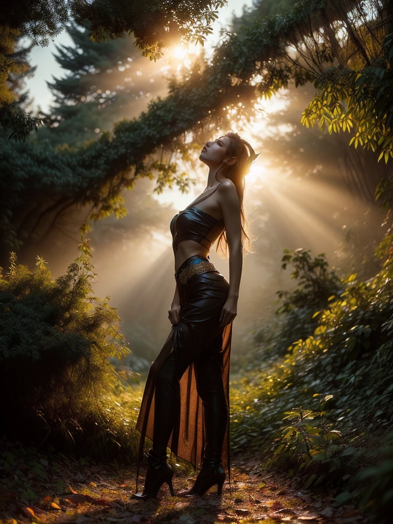 A dramatic low-angle shot of a female elf warrior, hands on hips, silhouetted against the twilight sky in the magical forest. The image exudes an aura of undeniable power and beauty. (low-angle shot: 1.5), (powerful pose: 1.4), (enchanted forest: 1.5), (twilight silhouette: 1.3), (erotic adventure: 1.4), (fantasy world: 1.5).