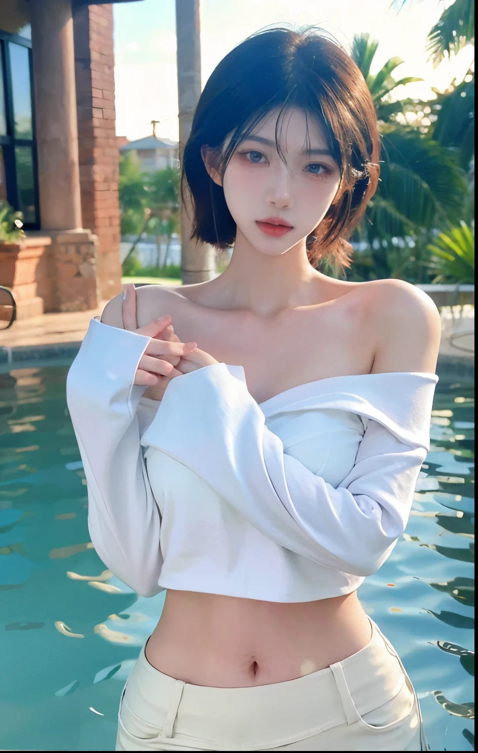 Beautiful woman with perfect figure:1.4,Swimming background,Desert Background,Ultra-high resolution,Seductive laughter,wear glasses,White legs,(lifelike:1.4),Layered Hairstyle,White skin,Black mini pleated skirt,whole body,Very delicate face and skin texture,Double eyelids,Skin Whitening,Long hair,White hair,White,