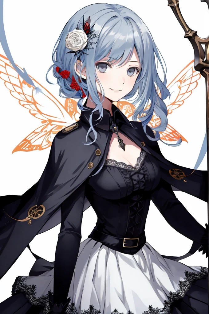  ((best quality)), ((masterpiece)), (detailed), 1girl, Character design, female, dynamic poses, long blue hair, grey white eyes, very skinny, detailed, best quality, no accesoires around the neck, prominent collarbones, skinny arms, upper body, blank white background, plain background, white background, ((red and white clothing)), Bloodborne inspired, occult aesthetic, occult, detailed and intricate steampunk and detailed gothic, Very dramatic and cinematic lighting, cosmic horror, grim-dark, side-lighting, perfect face,  Fluttering lace flared long knee length dress with frilly petticoats, knee length dress, pleated petticoats, petticoats gothic, complex lace boots, side-lighting, gothic aesthetic, wielding a mighty sword with mechanical components, mandalas, small breasts, a fairy, various different types of insect wings,upper body, upper body, white holy clothes,white holy clothes,((evil smile)),blue hair,
