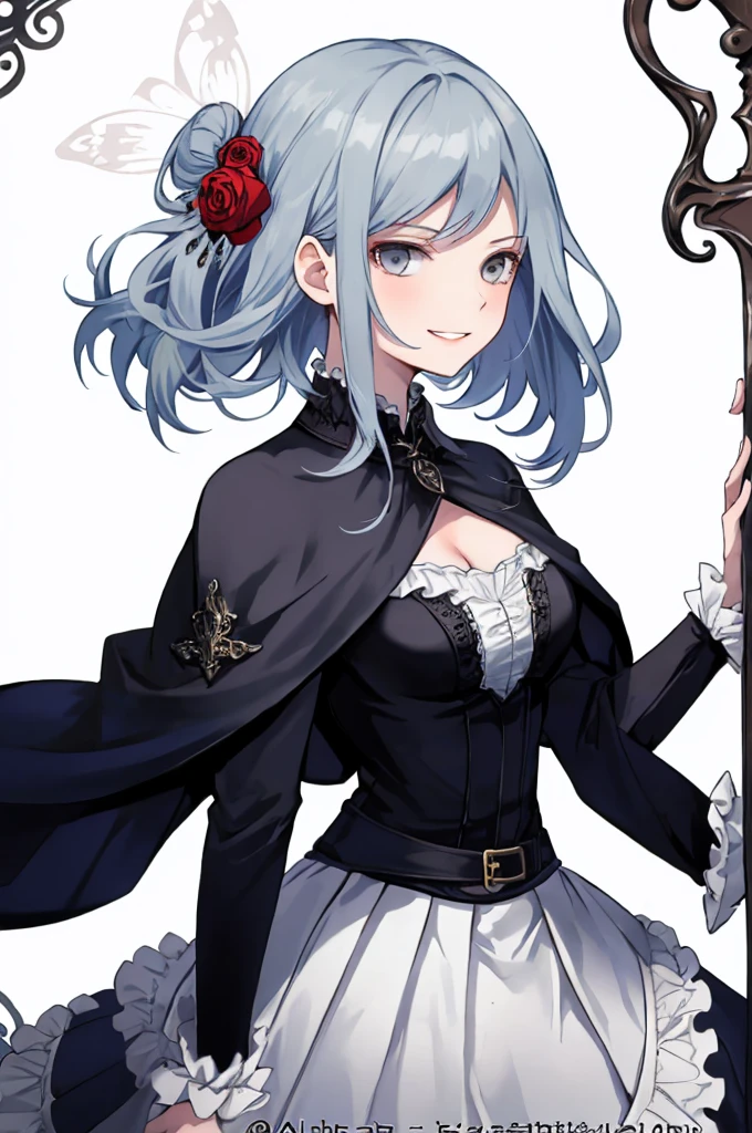  ((best quality)), ((masterpiece)), (detailed), 1girl, Character design, female, dynamic poses, long blue hair, grey white eyes, very skinny, detailed, best quality, no accesoires around the neck, prominent collarbones, skinny arms, upper body, blank white background, plain background, white background, ((red and white clothing)), Bloodborne inspired, occult aesthetic, occult, detailed and intricate steampunk and detailed gothic, Very dramatic and cinematic lighting, cosmic horror, grim-dark, side-lighting, perfect face,  Fluttering lace flared long knee length dress with frilly petticoats, knee length dress, pleated petticoats, petticoats gothic, complex lace boots, side-lighting, gothic aesthetic, wielding a mighty sword with mechanical components, mandalas, small breasts, a fairy, various different types of insect wings,upper body, upper body, white holy clothes,white holy clothes,((evil smile)),blue hair,