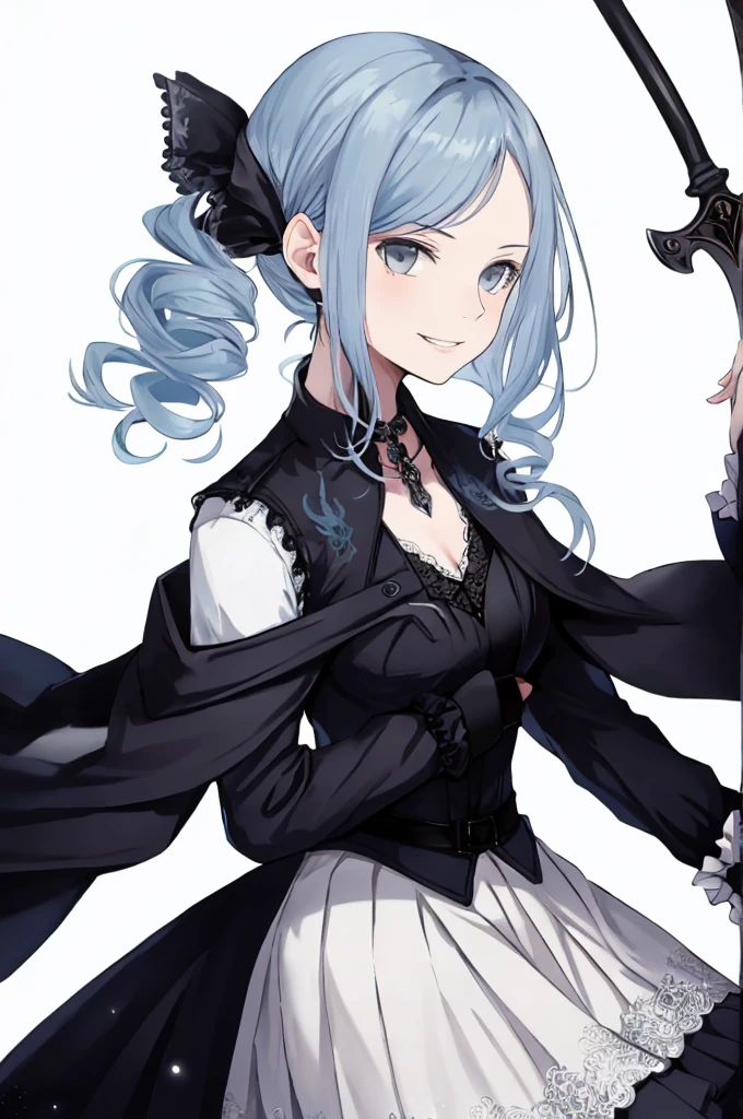 ((best quality)), ((masterpiece)), (detailed), 1girl, Character design, female, dynamic poses, long blue hair, grey white eyes, very skinny, detailed, best quality, no accesoires around the neck, prominent collarbones, skinny arms, upper body, blank white background, plain background, white background, ((red and white clothing)), Bloodborne inspired, occult aesthetic, occult, detailed and intricate steampunk and detailed gothic, Very dramatic and cinematic lighting, cosmic horror, grim-dark, side-lighting, perfect face, Fluttering lace flared long knee length dress with frilly petticoats, knee length dress, pleated petticoats, petticoats gothic, complex lace boots, side-lighting, gothic aesthetic, wielding a mighty sword with mechanical components, mandalas, small breasts, a fairy, various different types of insect wings,upper body, upper body, white holy clothes,white holy clothes,((evil smile)),blue hair,