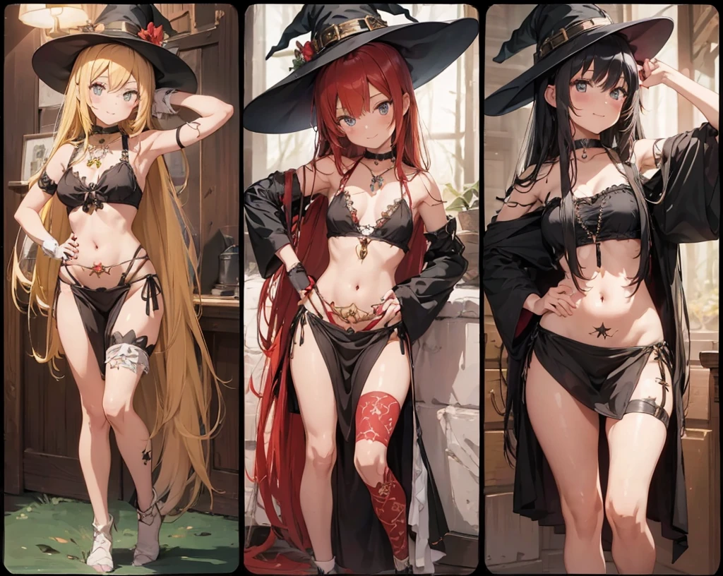 a group of beautiful witch girls in the middle of a forest in the night, standing girl young girl, gloves, elbow pads, boots, smiles, witch hat , small breasts, short black dress, necklaces, jewelry decorations , black red hair , red hair , black hair , blonde hair, blue eyes, full body,