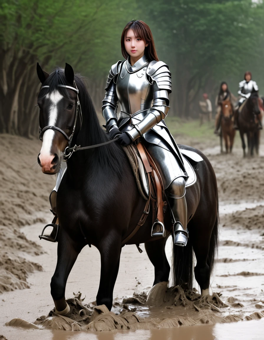 (((masterpiece))),(((Highest quality))),((Tabletop:1.4, Highest quality)), (Realな写真:1.4), 
((1 cute girl knight)),rodeo,Desperate,Don&#39;t make eye contact,
(超High resolution:1.2),, wonderful, Very detailed CG Unity 8k wallpaper, Very detailed, High resolution,draft horse ridden by japanese cute girl,tight,muddy place,Beauty,The horse neighs,Tragic female knight in armor,Sink,In the mud,Plump,
Cold Light, Beautiful detailed girl, Droopy eyes,Very detailedな目と顔, Beautiful and exquisite nose, Beautiful and exquisite, draft horse ridden by a girl can't move because horse and girl soak in the sticky muddy deep pitfall:10.0 , horse falls down ,looks pained ,Surprised face:2.0,Real,Anatomically correct