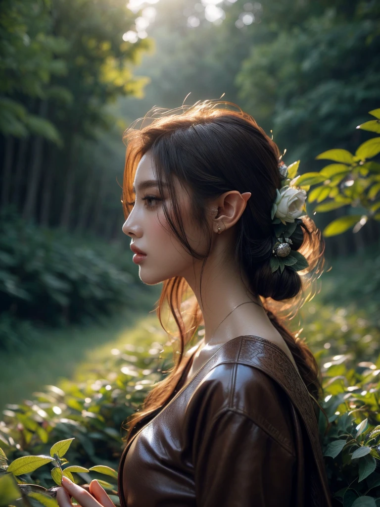 A captivating profile shot of a female elf warrior, her gaze fixed in the distance, lending an air of anticipation. The twilight-kissed mystical forest setting adds a layer of enigma to the image. (profile shot: 1.5), (focused pose: 1.4), (surreal forest: 1.5), (twilight charm: 1.3), (?????? adventure: 1.4), (fantasy world: 1.5).