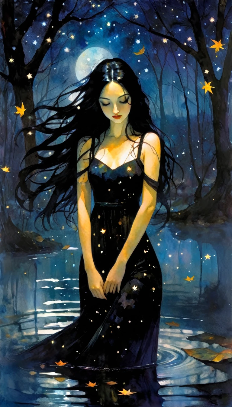 -girl, long black dress with straps, long black hair, eyes closed on the river, murky water, falling leaves, dark tone,magic, fantastic, night sky, stars, background, (art inspired by Bill Sienkiewicz). oil painting)