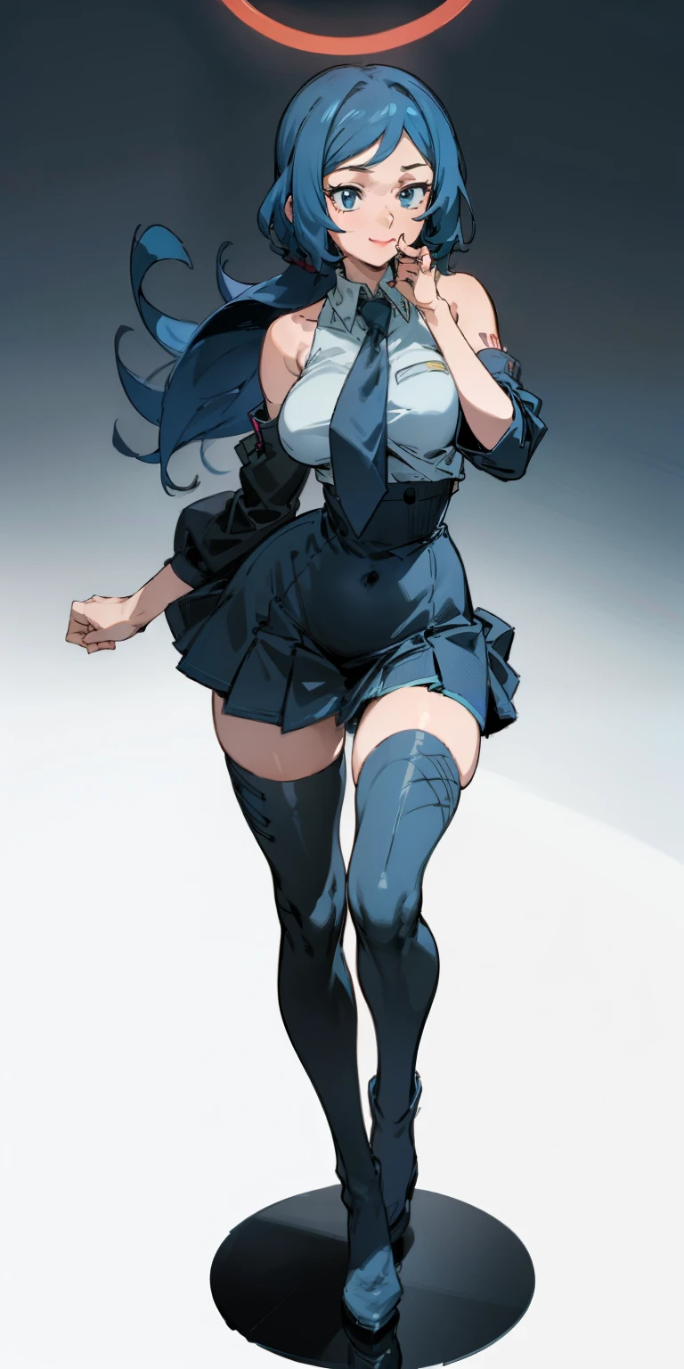 (Masterpiece,), Best Quality, ultra-detailed, perfect hands, perfect legs, Delicate eye expression, delicate face expression., 1girl (rinko_iori, Slender and sexy body, huge breasts, wide hips, naked body, dark blue hair, long hair, blue eyes ),closed mouth(wicked smile), a come-hither look, red lipstick, solo, sleeveless shirt, grey shirt, detached sleeves, necktie, arm tattoo, skirt, thighhighs, thigh boots,,full body, at a car racetrack , standing,Sexy waist teasing, a provocative pose , 