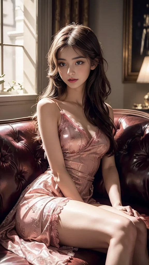 8K, UHD, MAsterpiece, best quality, 1 girl, (realistic face), very long hair, small breasts, decorated dress, very beautiful ornaments dress, pink color, lace, mesh dress, sardine, loops, ipllers, depth of field, light from the front, Light shines into the face, knee short, Subject reclines on a chaise or couch, one arm draped gracefully. Evokes sophistication and relaxation., Arms wrapped around body (self-hug), Face (Excitement, Surprise, Awe)