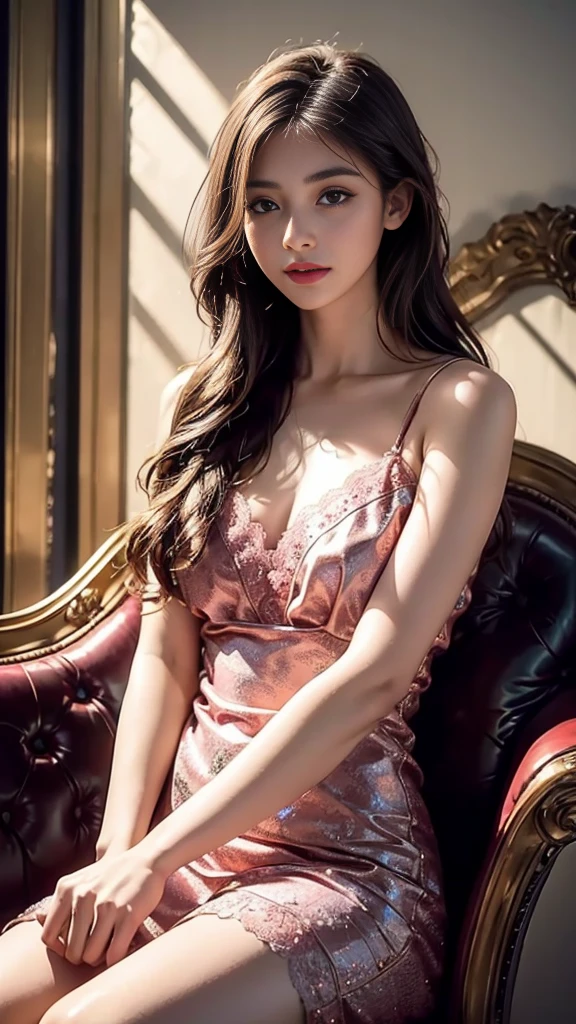 8K, UHD, MAsterpiece, best quality, 1 girl, (realistic face), very long hair, small breasts, decorated dress, very beautiful ornaments dress, pink color, lace, mesh dress, sardine, loops, ipllers, depth of field, light from the front, Light shines into the face, knee short, Subject reclines on a chaise or couch, one arm draped gracefully. Evokes sophistication and relaxation., Arms wrapped around body (self-hug), Face (Excitement, Surprise, Awe)