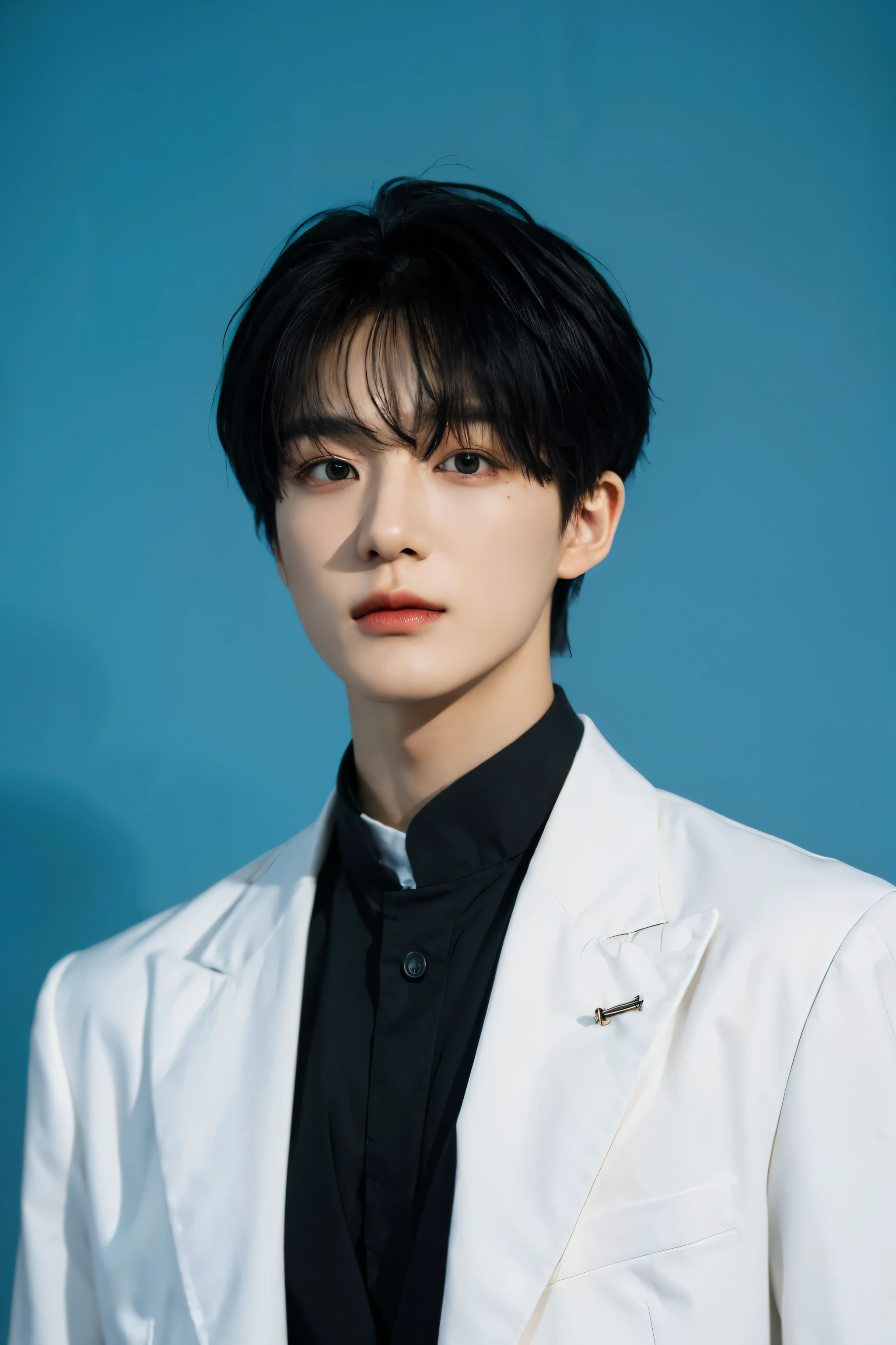 Full colorful background and backdrop,protrait focus,for ads,professional pose for magazine photo,Handsome korean male,Center-parted hairstyle,a cassock,worship,short male hair,bangs hair,centre the down hair, Delicate androgynous prince, Beautiful androgynous prince, korean artist, with same hairstyle,dressea new fashion colorful short suit blazer t-shirt,