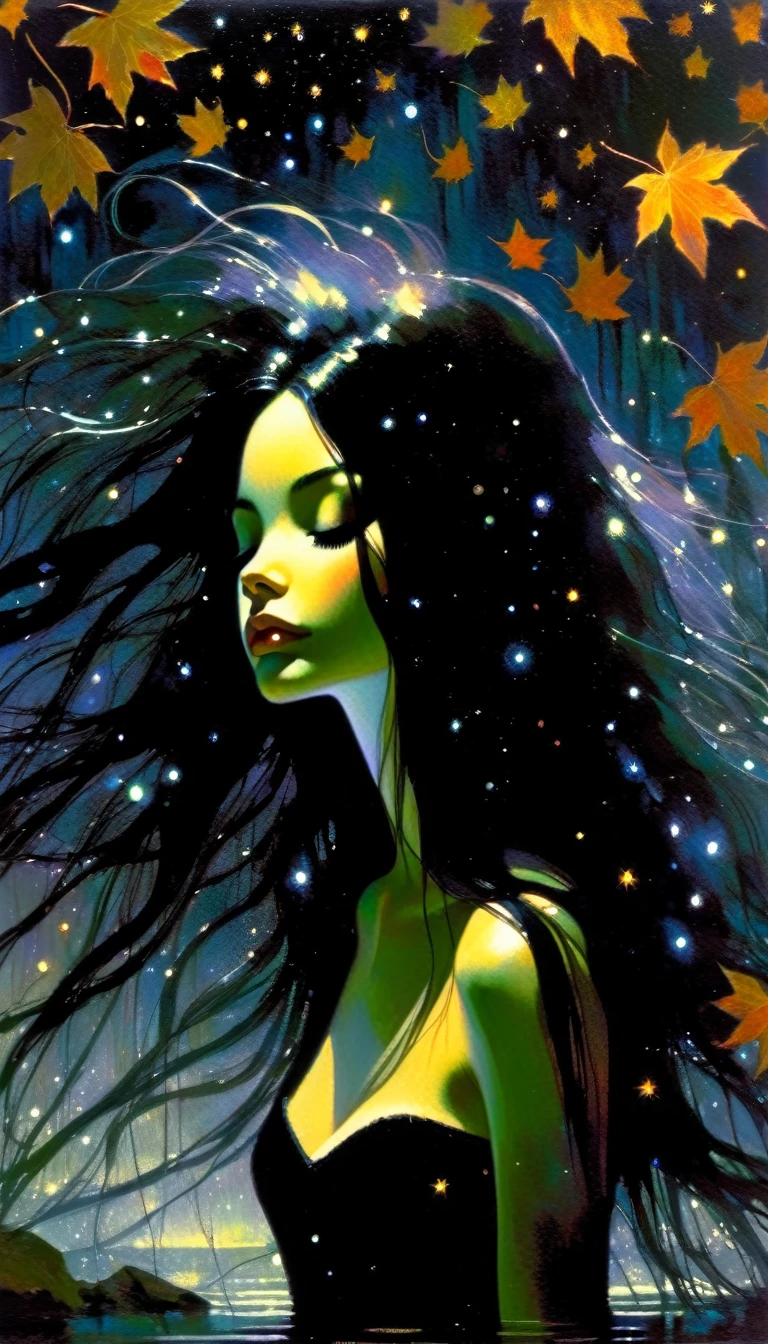 -girl, long black dress with straps, long black hair, eyes closed on the river, murky water, falling leaves, dark tone,magic, fantastic, night sky, stars, background, (art inspired by Bill Sienkiewicz). oil painting)