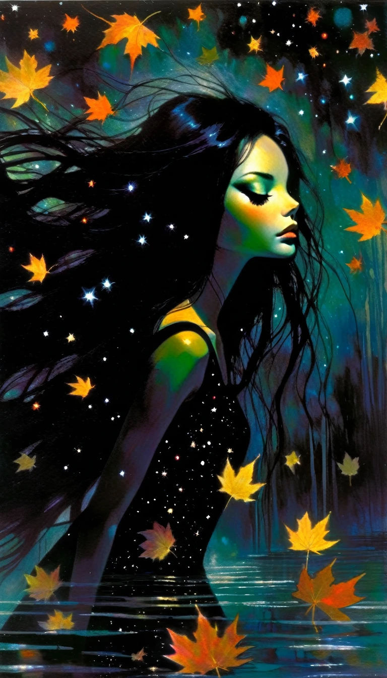 -girl, long black dress with straps, long black hair, eyes closed on the river, murky water, falling leaves, dark tone,magic, fantastic, night sky, stars, background, (art inspired by Bill Sienkiewicz). oil painting)