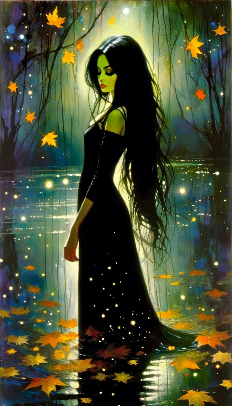 -girl, long black dress with straps, long black hair, eyes closed on the river, murky water, falling leaves, dark tone,magic, fantastic, night sky, stars, background, (art inspired by Bill Sienkiewicz). oil painting)