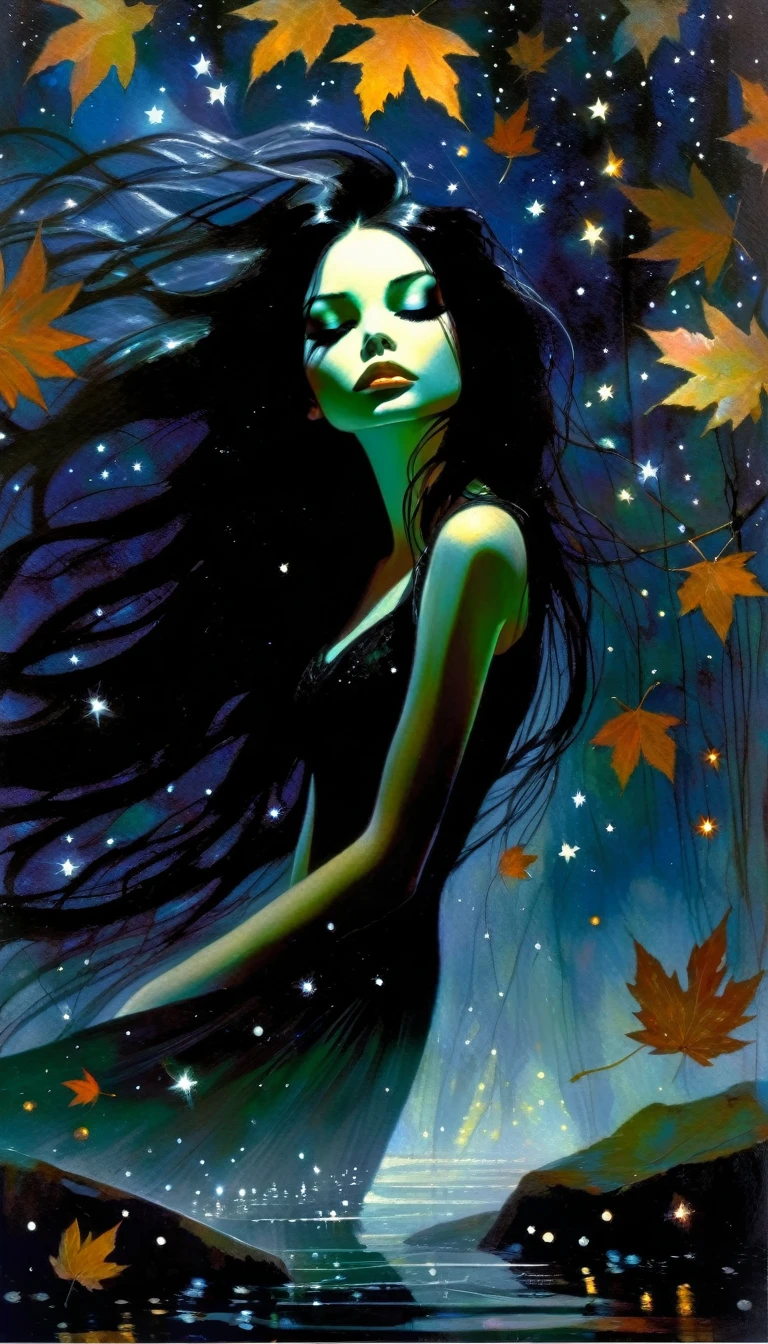 magical girl, very long black hair, ????? sinister forest, magic, fantastic, night sky, moons, stars, background, nsfw, face full of seman, seman in face, seman in body, all full of seman, smile, (art inspired in Bill Sienkiewicz). oil painting)