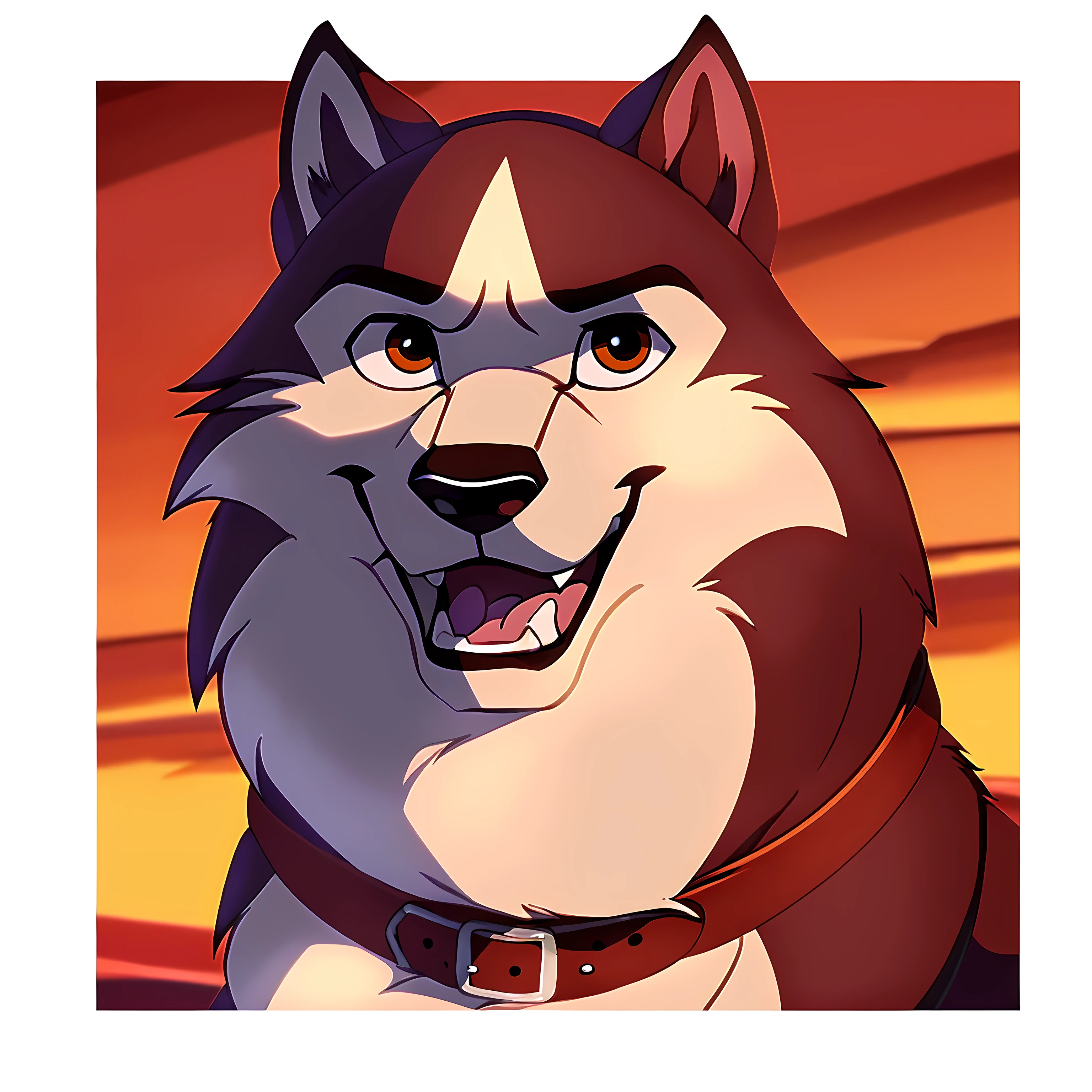 kodi, kodiak (balto), full body, feral, detailed, detailed face, detailed eyes, quadruped, black lineart, black outline, male, masculine, adult, wolf, close-up, brown eyes, detailed eyes, cartoon shading, cel shaded:1.0, black dog collar:1.1, buckle, confident, proud, front view,