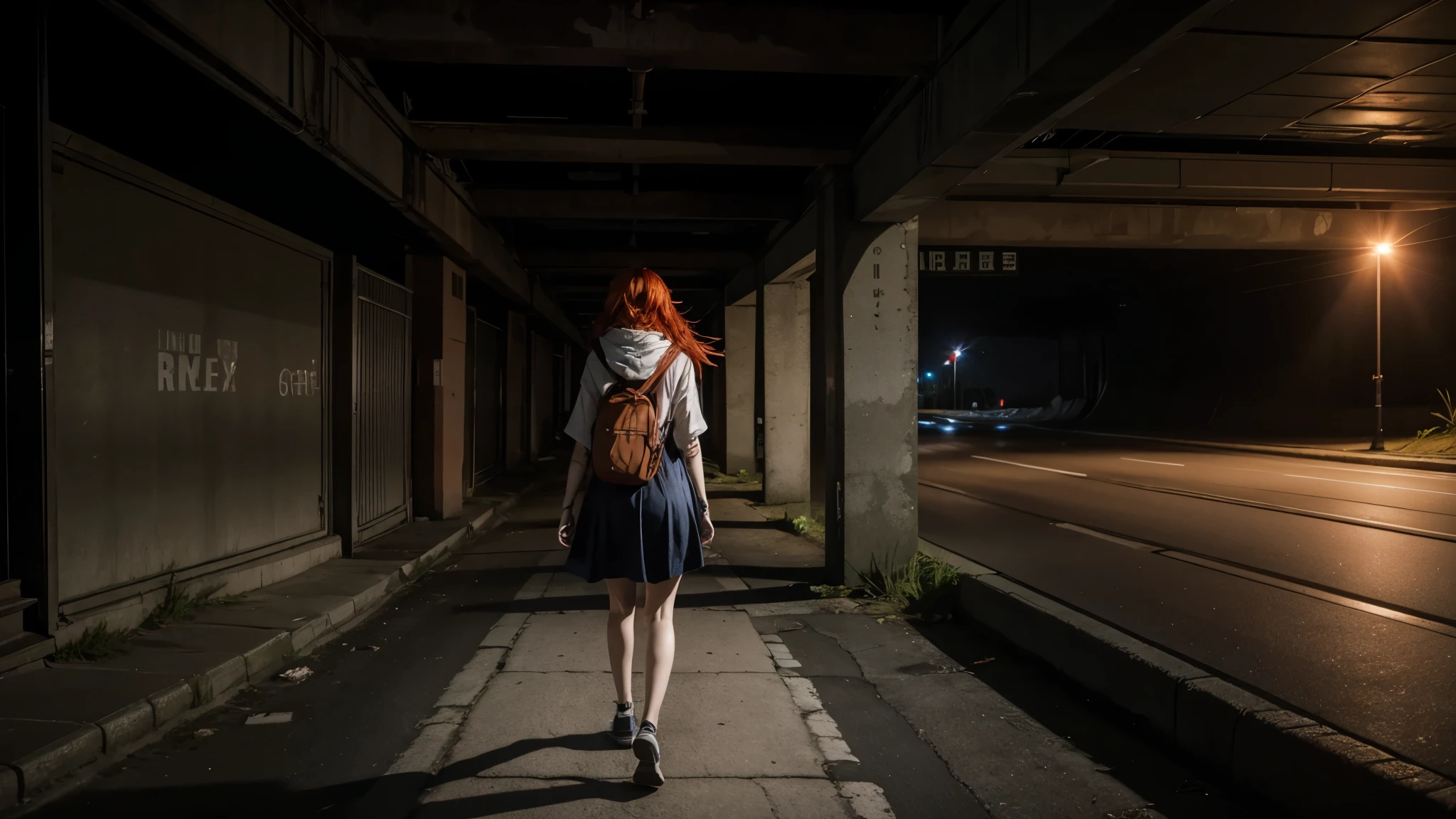 アニメ, girl with vibrant red hair walking under an overpass, dark city, This girl has red hair that is illuminated by the light of a single streetlight, a dark environment of a city in ruins