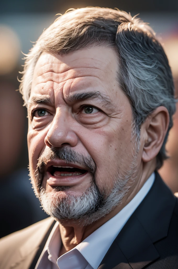 President of Brazil Luiz Inácio Lula da Silva speaking to a crowd, depth of field, cinematic lighting, ray tracing, UHD, anatomically correct, textured skin, super detail, high quality, highres, 16k