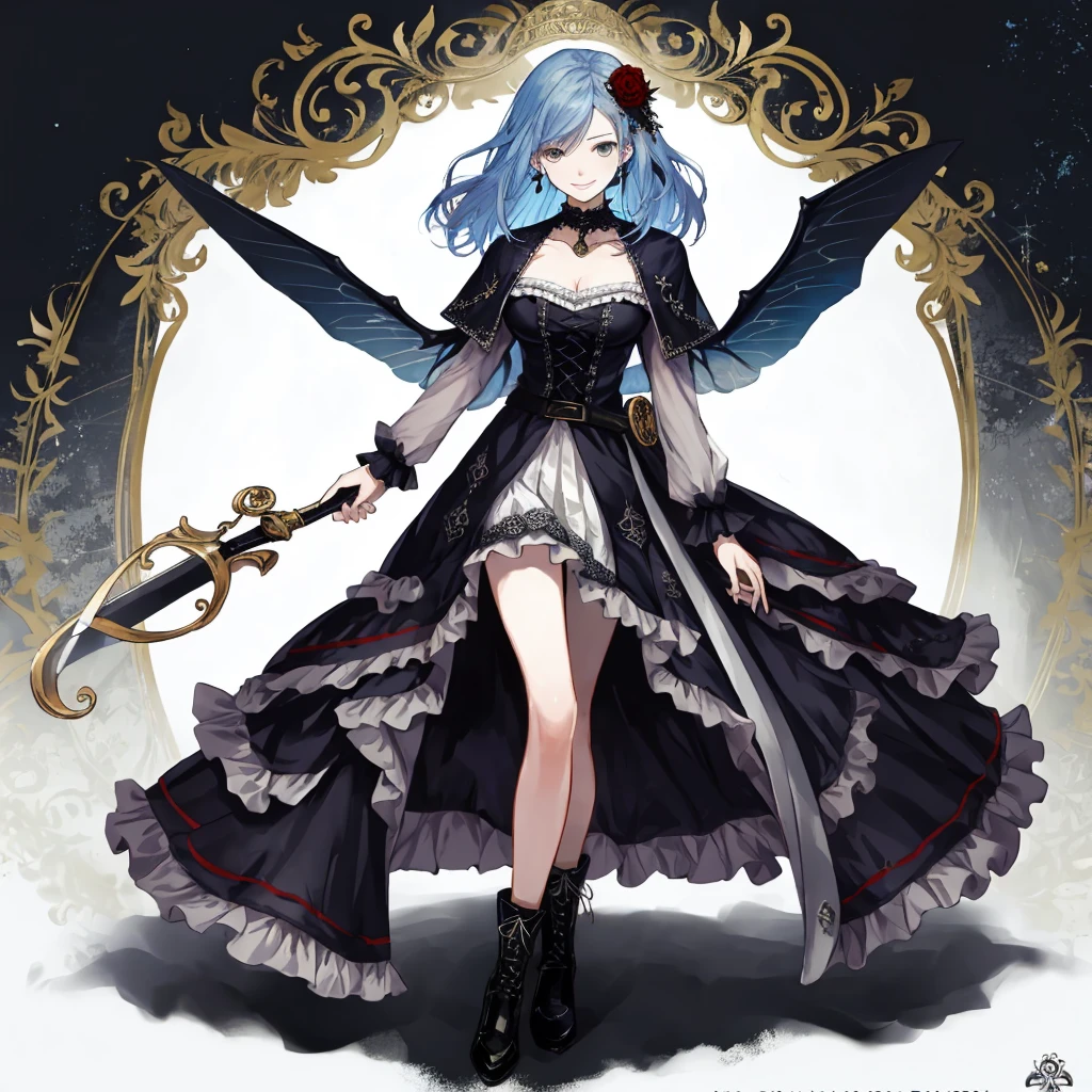 ((best quality)), ((masterpiece)), (detailed), 1girl, Character design, female, dynamic poses, ((long blue hair)), grey white eyes, very skinny, detailed, best quality, no accesoires around the neck, prominent collarbones, skinny arms, full body, blank white background, plain background, white background, ((red and white clothing)), Bloodborne inspired, occult aesthetic, occult, detailed and intricate steampunk and detailed gothic, Very dramatic and cinematic lighting, cosmic horror, grim-dark, side-lighting, perfect face, Fluttering lace flared long knee length dress with frilly petticoats, knee length dress, pleated petticoats, petticoats gothic, complex lace boots, side-lighting, gothic aesthetic, wielding a mighty sword with mechanical components, mandalas, small breasts, a fairy, various different types of insect wings,full body, whole body, white holy clothes,white holy clothes,((evil smile)),(blue hair),she has a big sword in her hand,