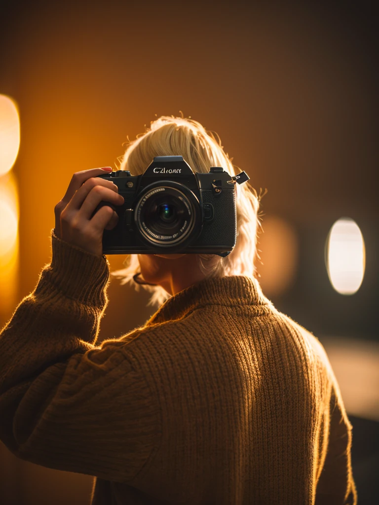 a man with blonde hair holding a camera,8k,high quality,highly detailed,realistic,photorealistic,beautiful woman with brown hair from behind,studio lighting,professional photography,warm color tones,cinematic lighting,depth of field,bokeh background