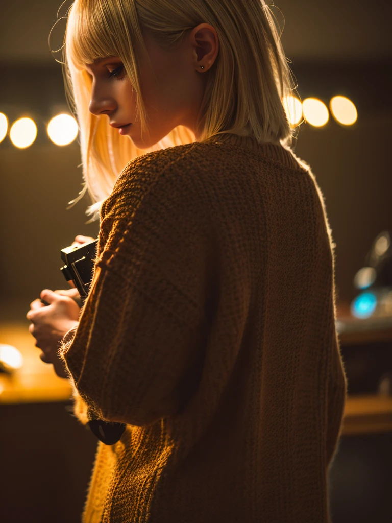 a man with blonde hair holding a camera,8k,high quality,highly detailed,realistic,photorealistic,beautiful woman with brown hair from behind,studio lighting,professional photography,warm color tones,cinematic lighting,depth of field,bokeh background