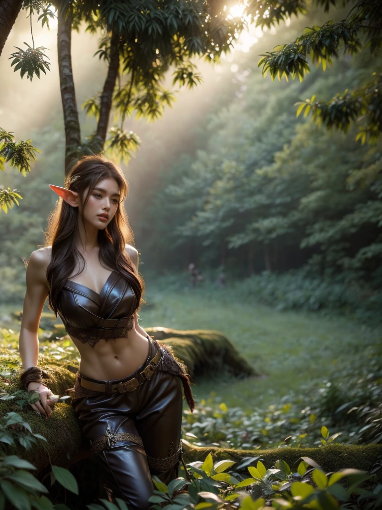 A mesmerizing portrait shot of a lady, costumed as a provocative elf warrior, confidently smirking in an enchanted woodland. The leather and lace attire emphasises her athletic build, bathed in the otherworldly twilight luminescence. (solo), (elf warrior costume: 1.5), (athletic physique: 1.4), (mystical forest: 1.5), (twilight glow: 1.3), (erotic adventure: 1.4), (fantasy world: 1.5).